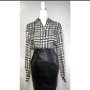 Talbots Silk Houndstooth Button Blouse Sz M
